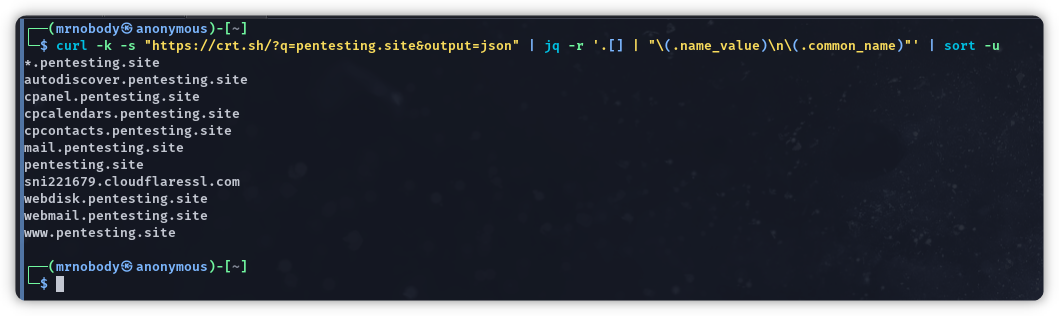 crt.sh subdomain results for pentesting.site