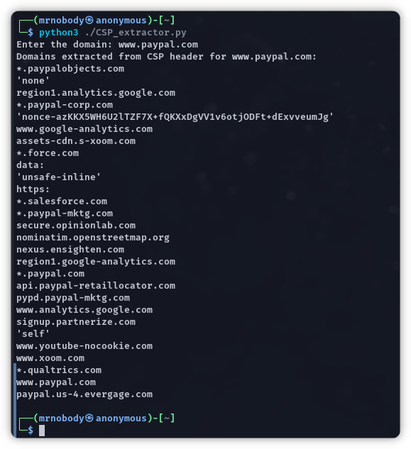 CSP header domain extraction script output for www.paypal.com