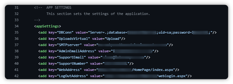 Example web.config file leaking SA account database credentials