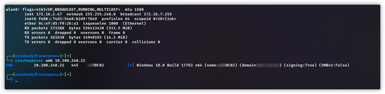 CrackMapExec reaching the internal Domain Controllers from the guest Wi-Fi