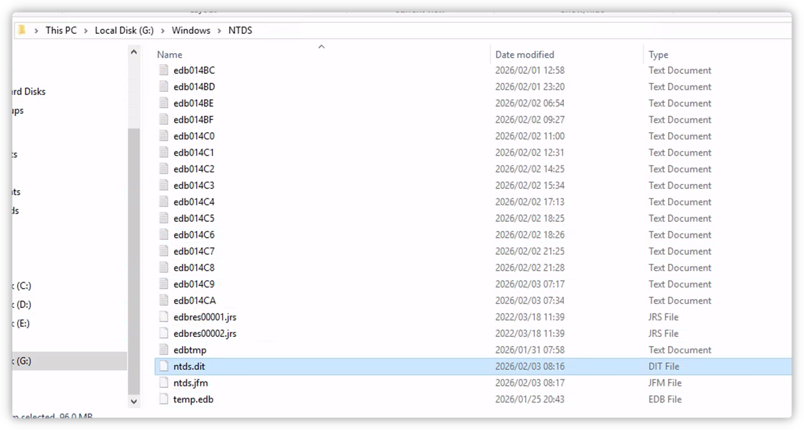 Mounting the domain controller's virtual disk in File Explorer to extract ntds.dit