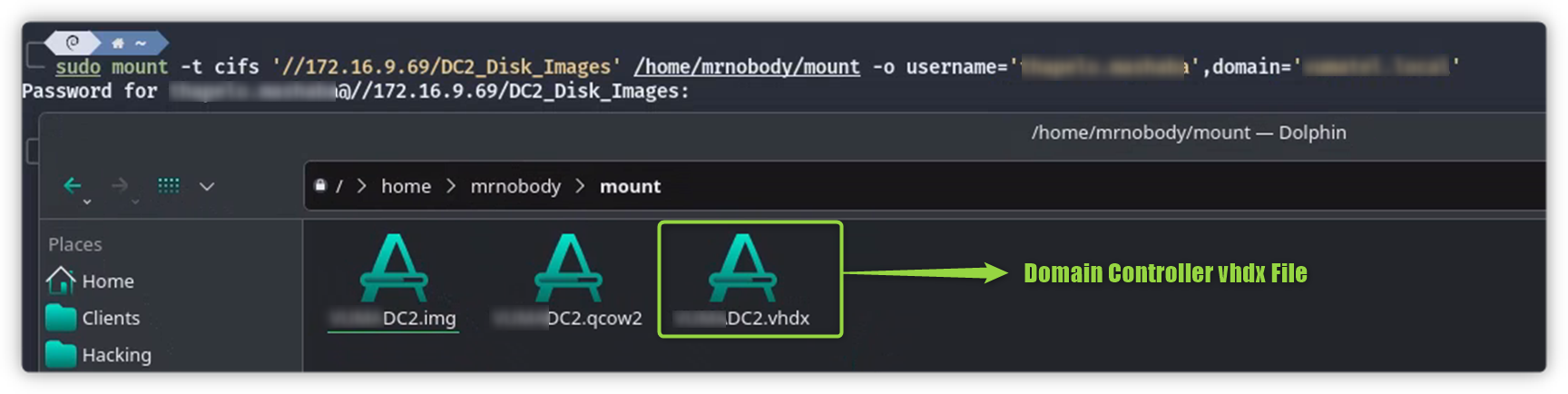The domain controller's VHDX file discovered on the mounted share