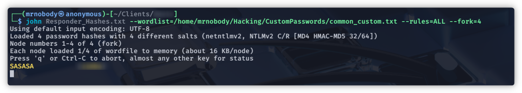 John the Ripper cracking the captured Net-NTLMv2 hash