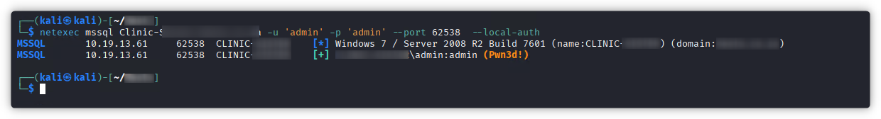 NetExec confirming admin privileges on the MSSQL instance